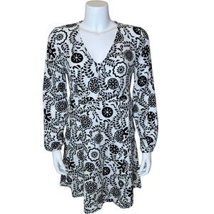 Boden Opulent Garden Linen Floral Dress 6R Pullover V-neck Black White